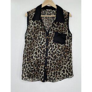 Women’s Lavish Loepard Sheer‎ Chiffon Collared Blouse See Measurements For Size